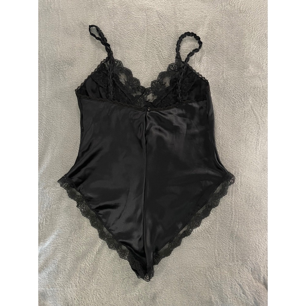 Jewels by SLT Black Lace Trim Satin Teddy Bodysuit Lingerie Size S Style J9485